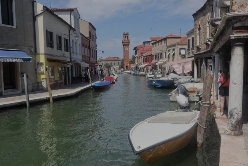 Campo Santo Stefano square and clock tower on Murano island, Venice.
