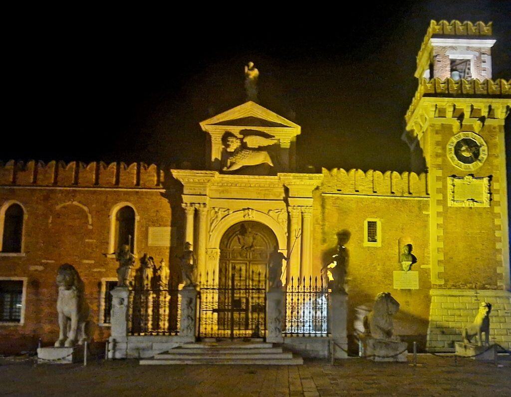 Entrance of the Venice Arsenal, medieval naval shipyard of the Venetian Republic, night view